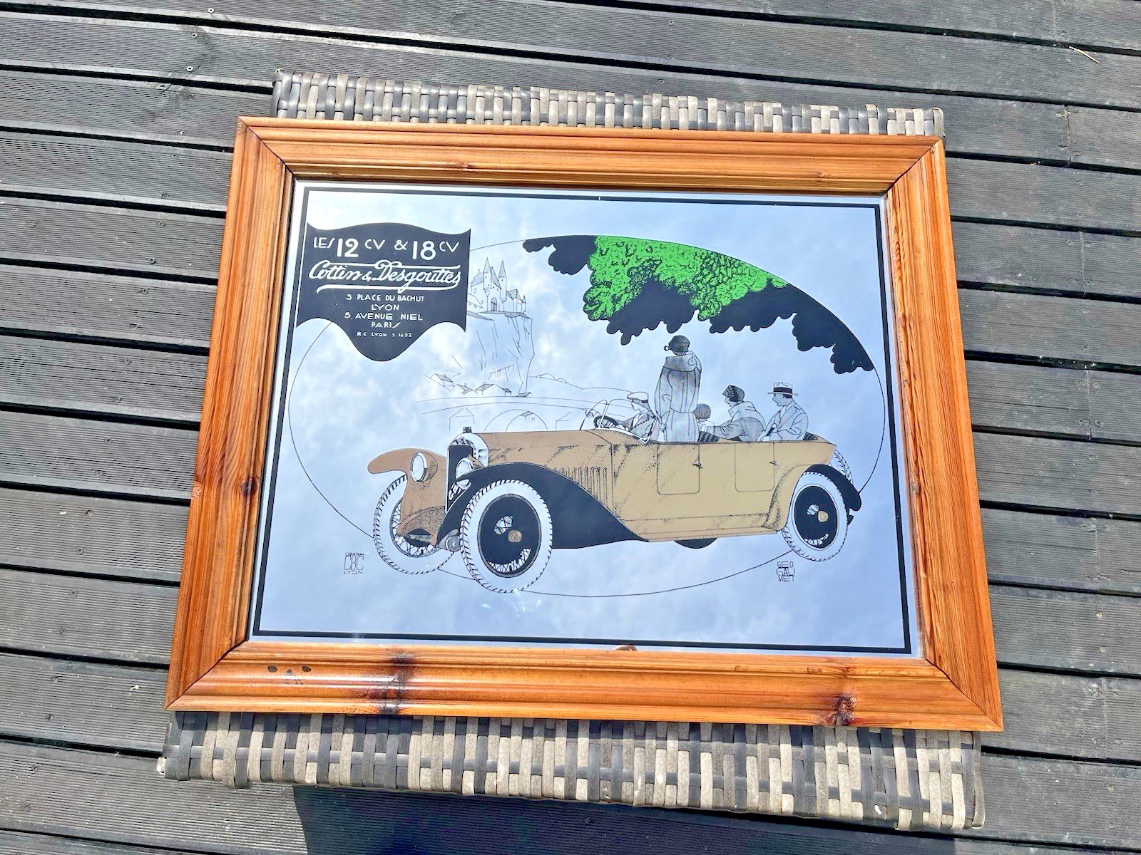Large Vintage Cottin & Desgouttes French Car Advertising Lyon Pub Picture Mirror photo vintage