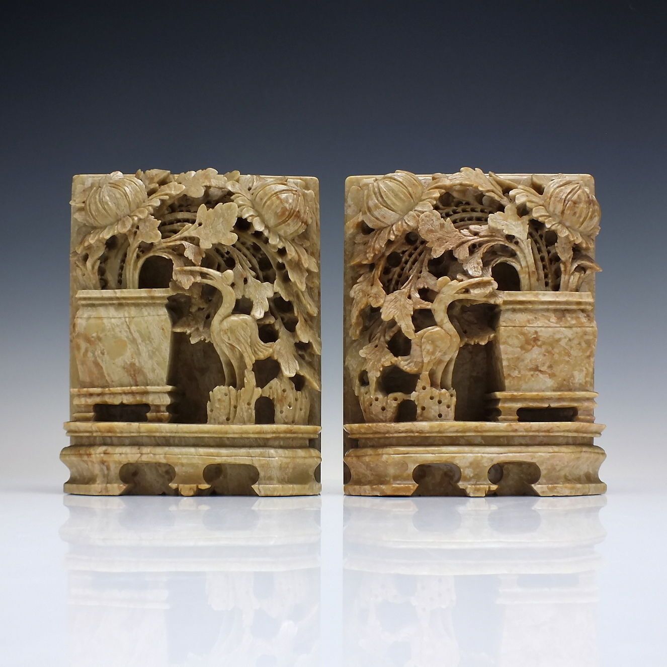 Large Pair Of Chinese Hand Carved Shoushan Soapstone Bookends With Cranes C1920