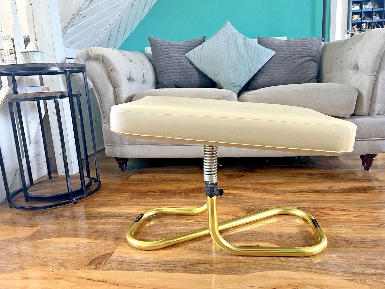 Stylish Mid Century 1960's Automatic Restaleg Cream Vinyl Foot Stool Pouffe 70's photo furniture