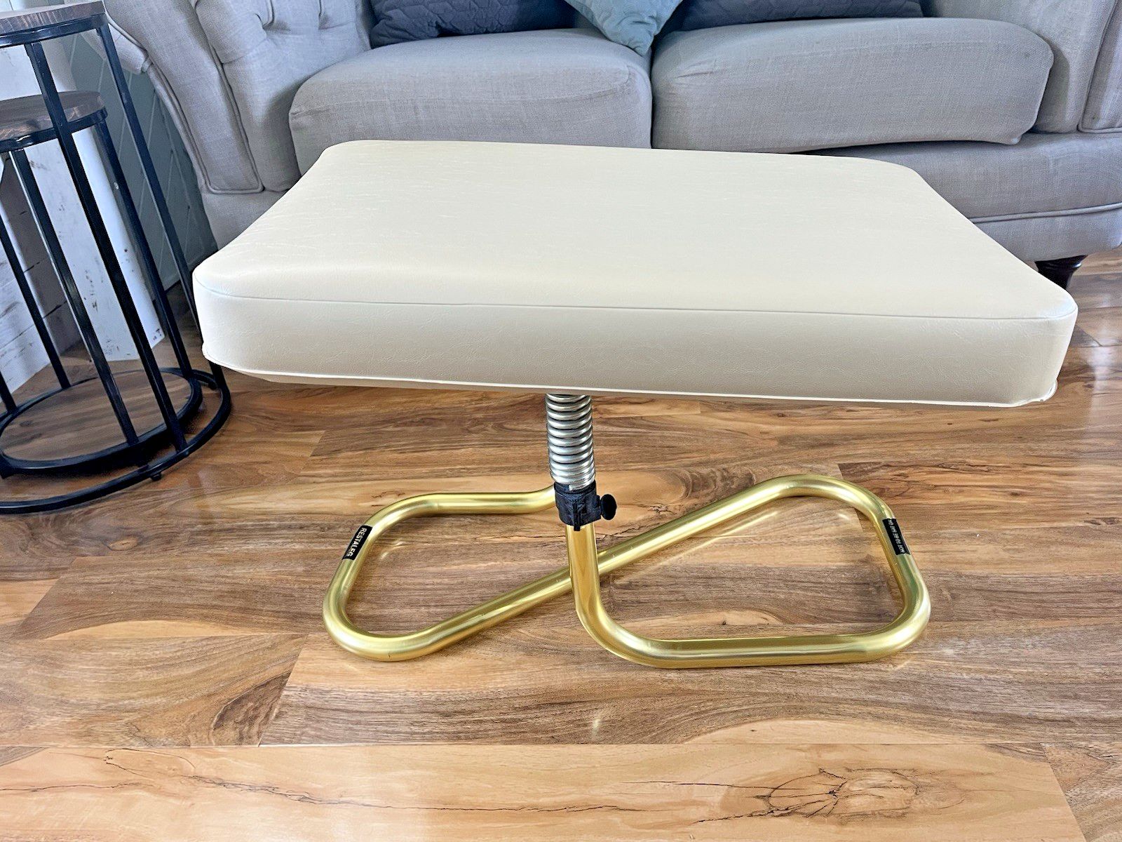 Stylish Mid Century 1960's Automatic Restaleg Cream Vinyl Foot Stool Pouffe 70's photo for sale