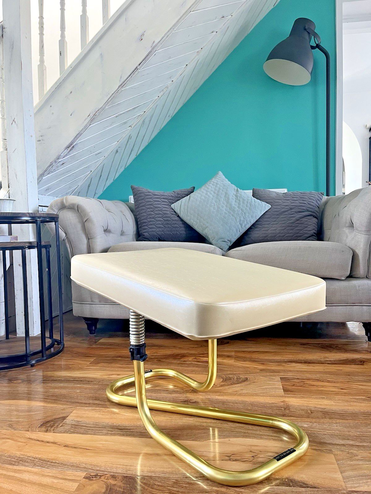Stylish Mid Century 1960's Automatic Restaleg Cream Vinyl Foot Stool Pouffe 70's photo Furniture