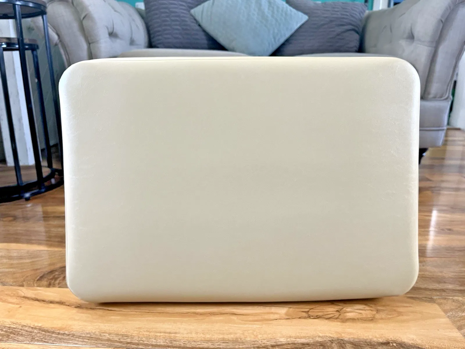 Furniture Stylish Mid Century 1960's Automatic Restaleg Cream Vinyl Foot Stool Pouffe 70's photo