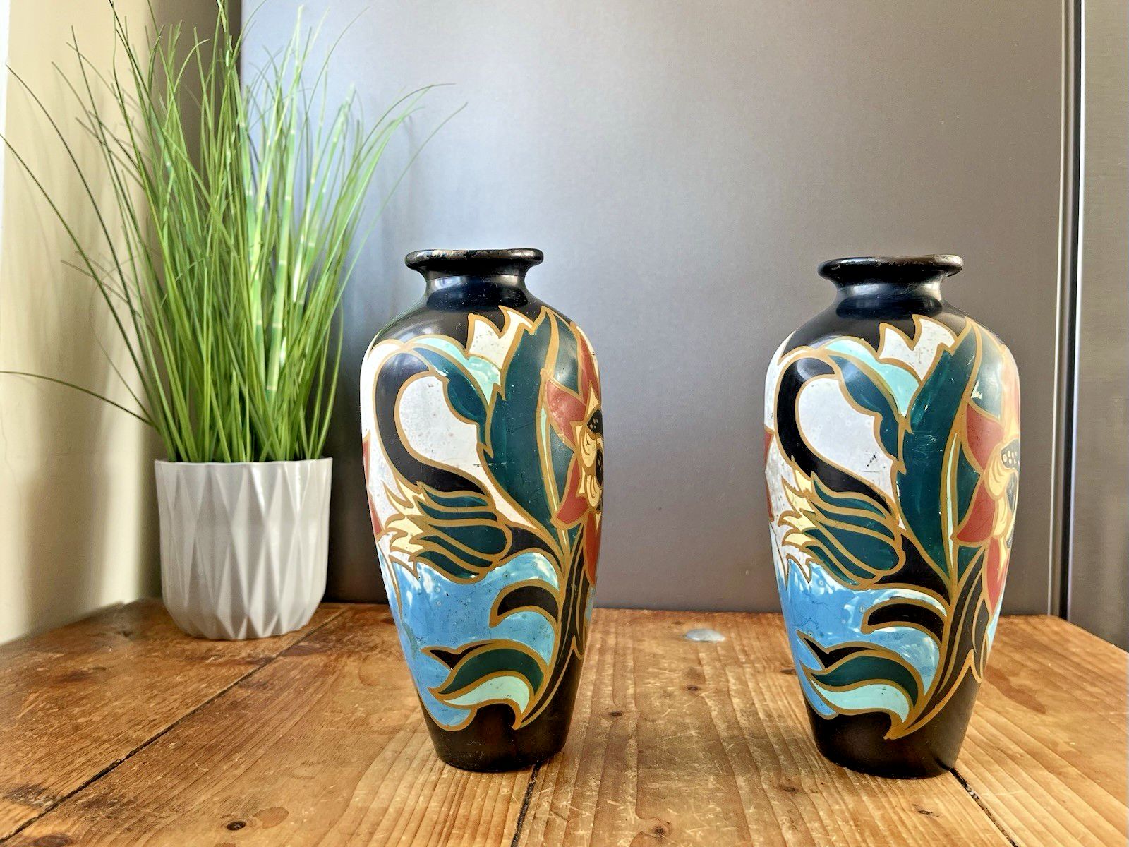 Stunning Pair Of Dutch Art Deco Metawa Tiel Guus Aesthetic Style Mantel Vases photo for sale