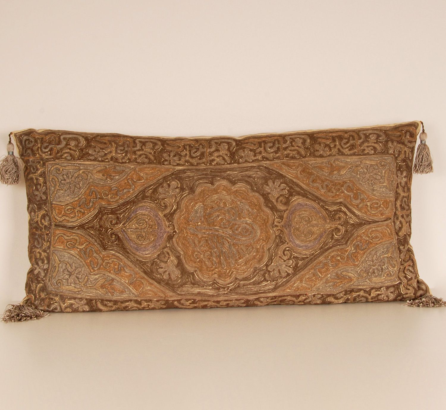 photo furniture 19th Century Ottoman Pillow Cushion Gold Metallic Thread Embroidered Silk Textile Tassels Down Tariff Free