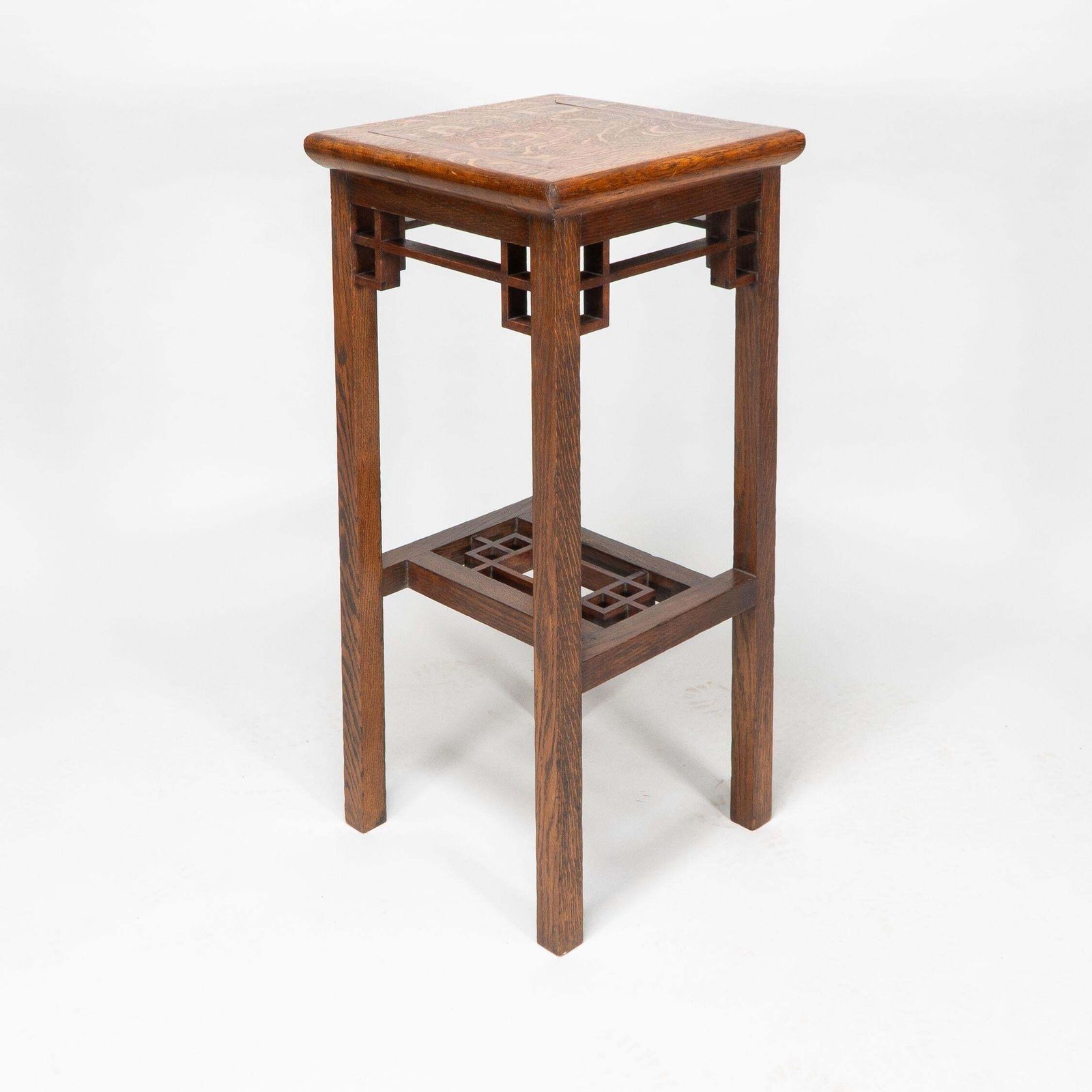 E. W. Godwin. An Anglo Japanese Oak & Lattice Statue Stand With Wide Inlaid Top photo vinterior