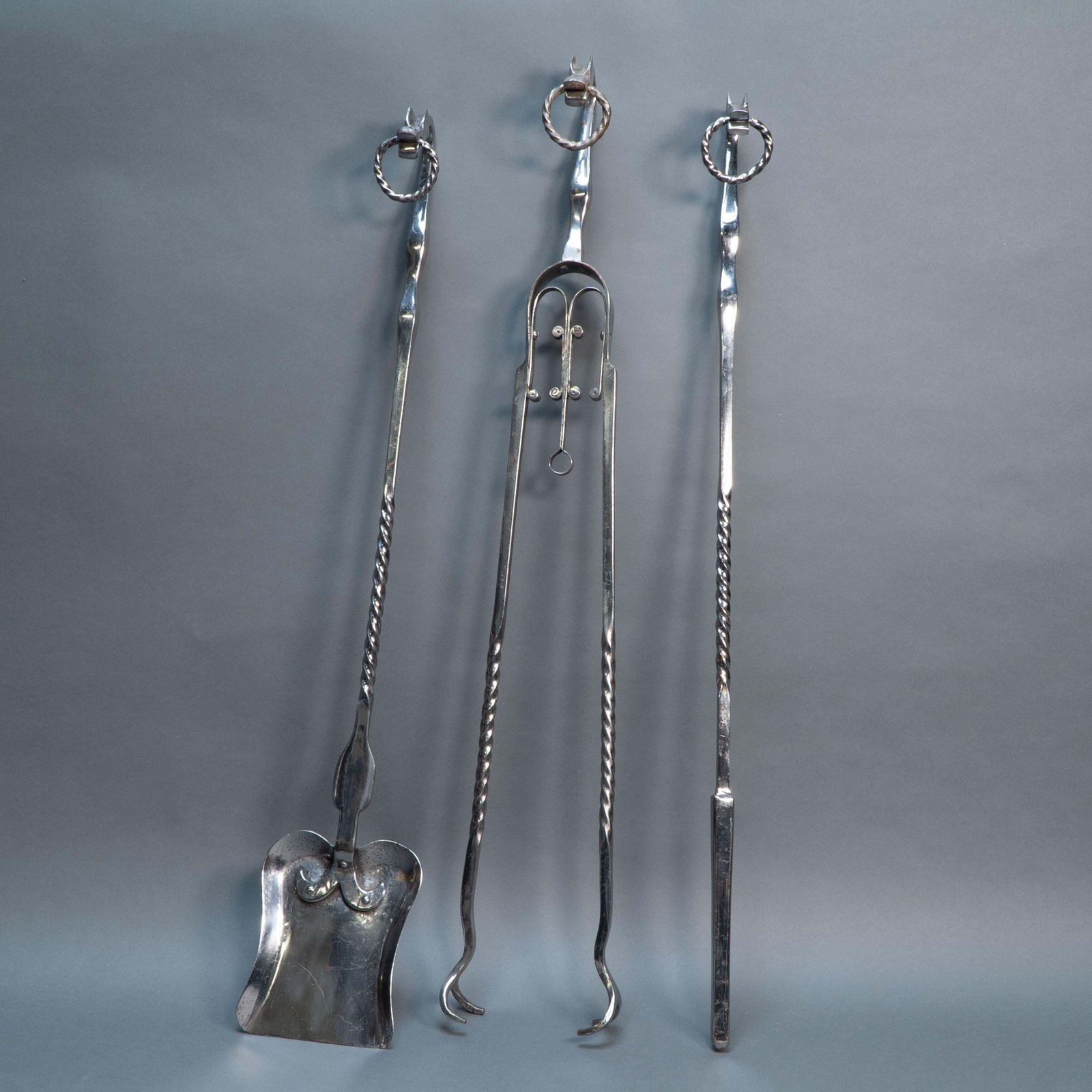 A Set Of Arts & Crafts Cotswold School Polished Steel Hand Wrought Fire Utensils photo furniture