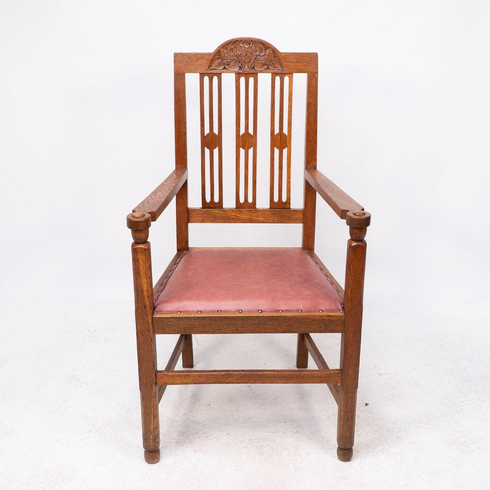 A Set Of Four Arts And Crafts Dining Chairs With Nicely Carved Floral Decoration photo Furniture