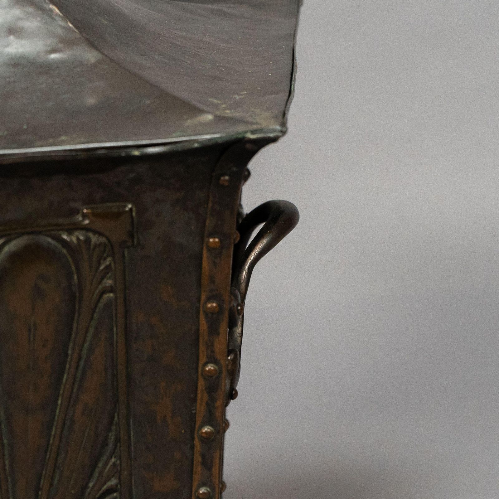 photo furniture An Arts & Crafts Copper Conical Coal Bucket And Lid, With Hand Hammered Sun Rise