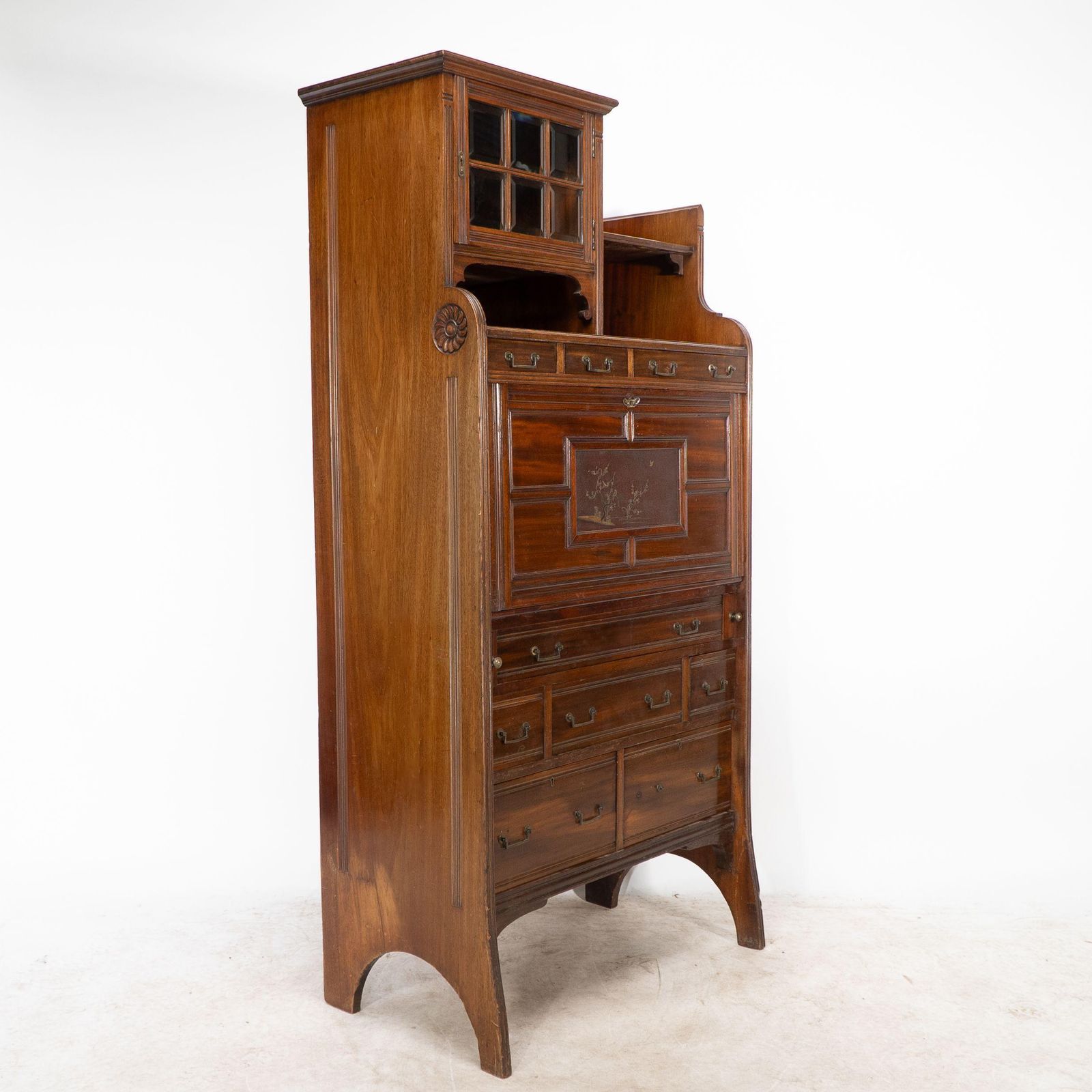 Lambs Of Manchester. An Anglo Japanese Secretaire Bookcase With Lacquered Panel photo for sale