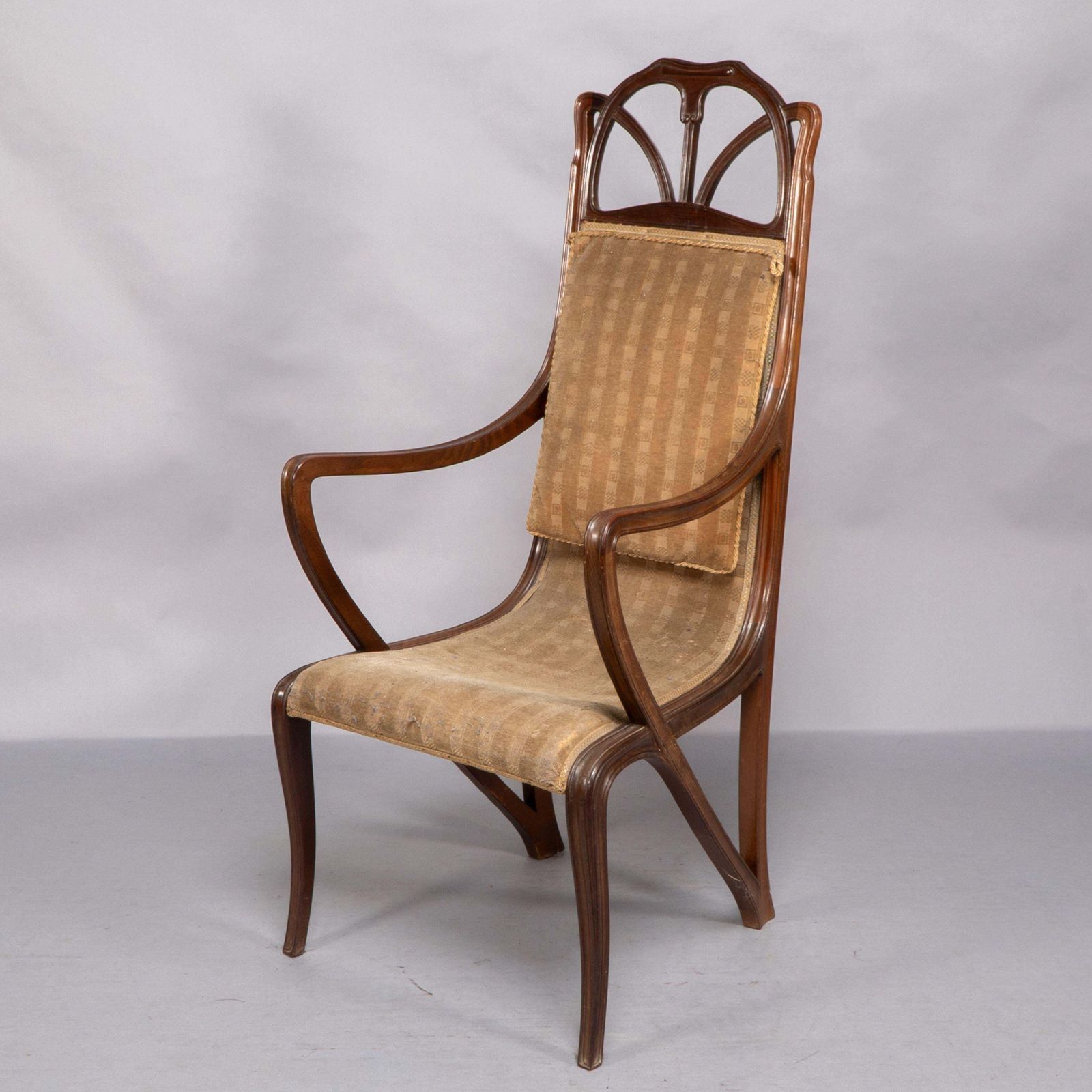 Louis Majorelle. Art Nouveau Carved Walnut Armchair With Original Period Fabric photo for sale