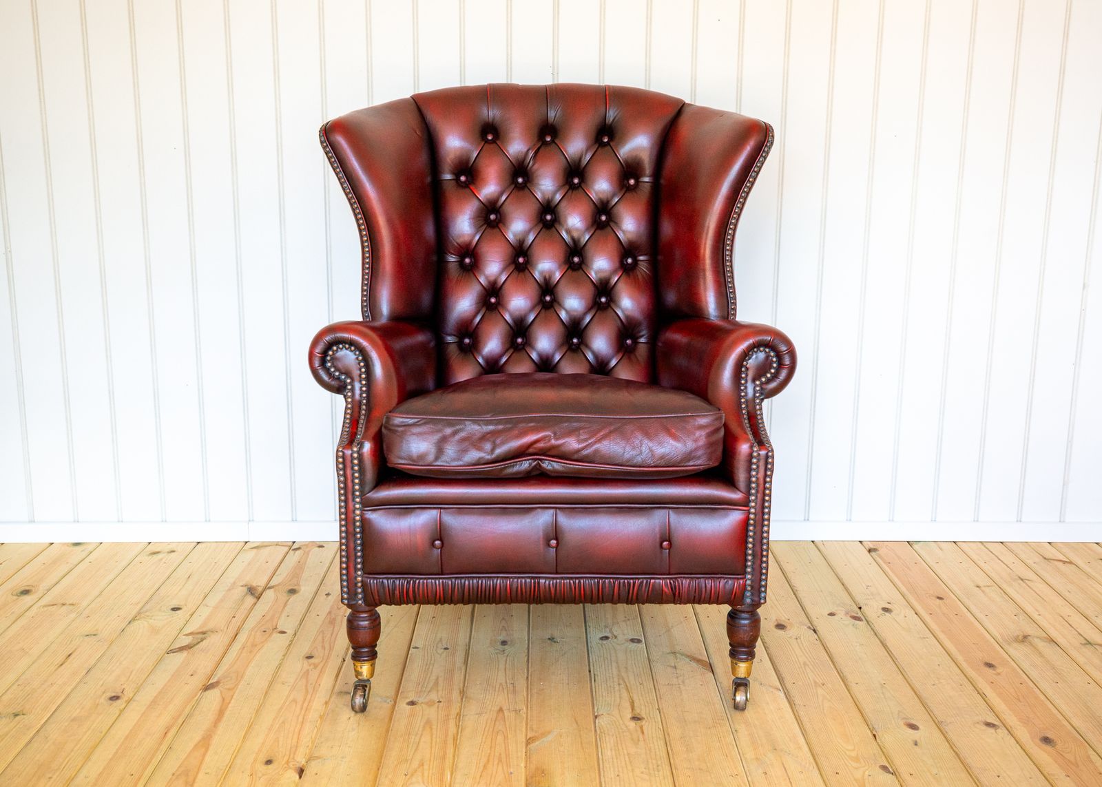 Harrods Wingback Chesterfield Armchair Georgian Style Oxblood Red 1990s Casters Fireside Chair Fine Country House