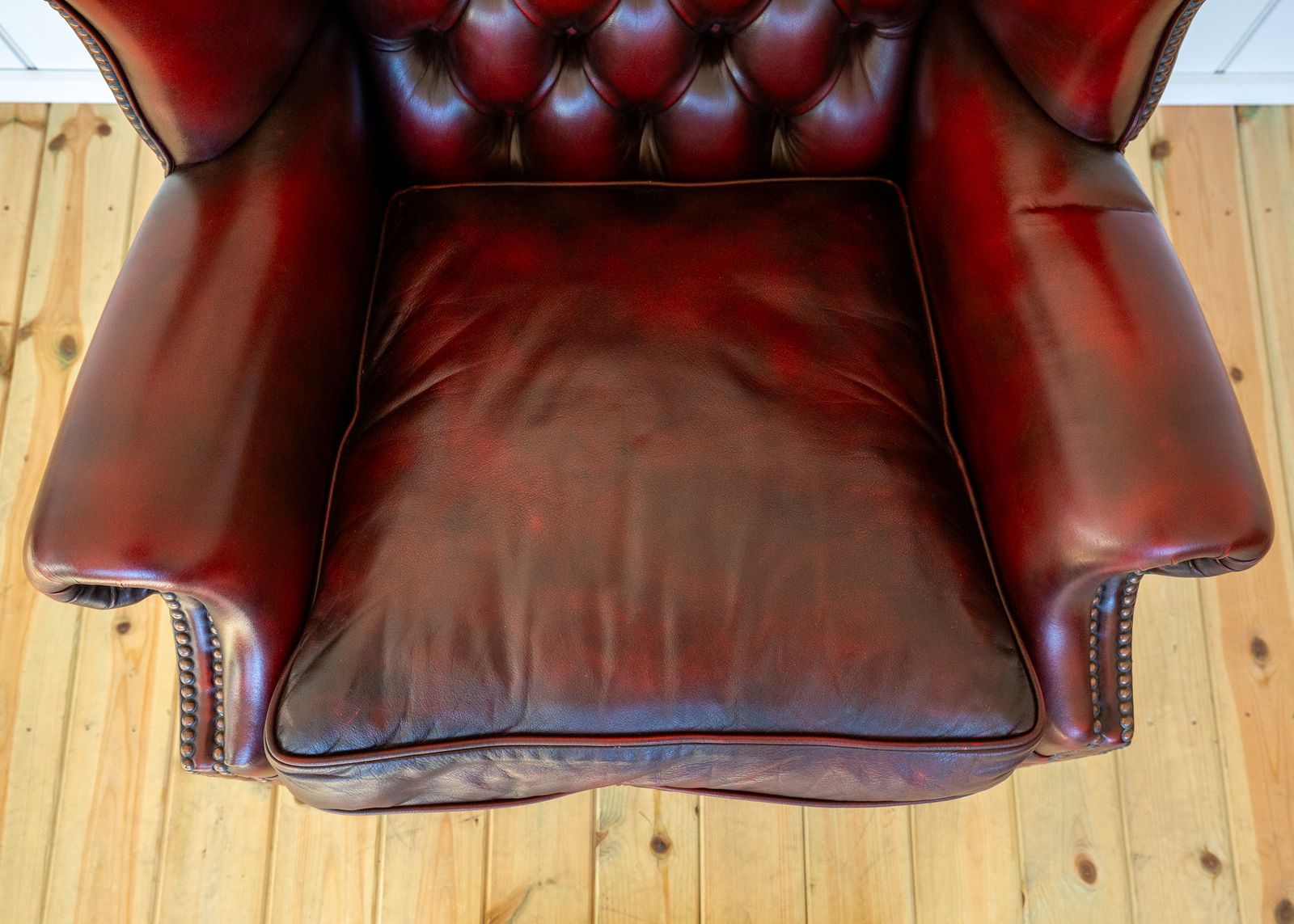 2450.0 Harrods Wingback Chesterfield Armchair Georgian Style Oxblood Red 1990s Casters Fireside Chair Fine Country House photo
