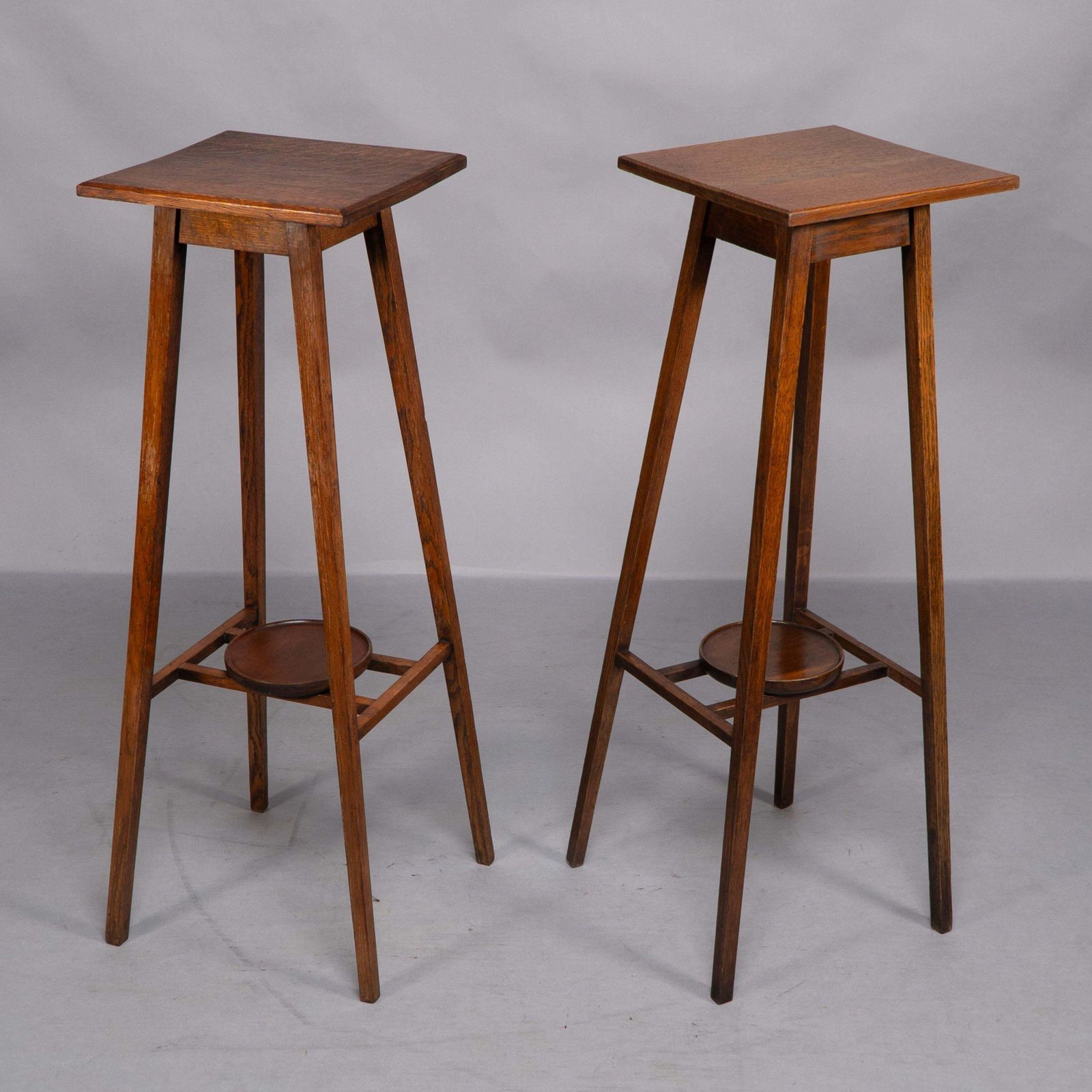 A Rare Pair Of Arts & Crafts Oak Plant Stands With Square Tops And Tapering Legs photo vinterior