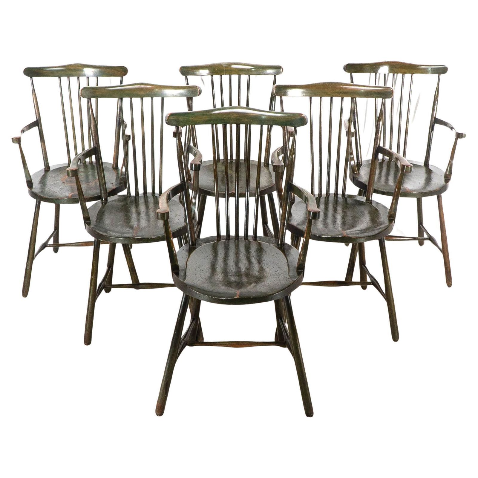 Liberty And Co. Set Of Six Arts And Crafts Walnut Windsor Armchairs