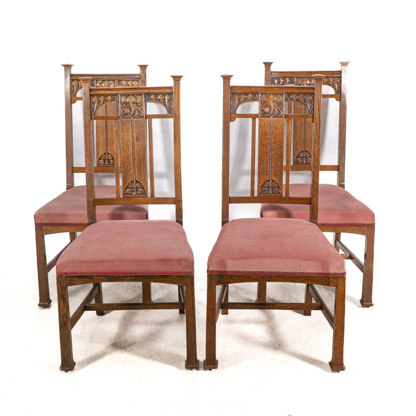 Robson & Sons. Set Of 4 Arts & Crafts Oak Dining Chairs With Carved Floral Backs photo furniture