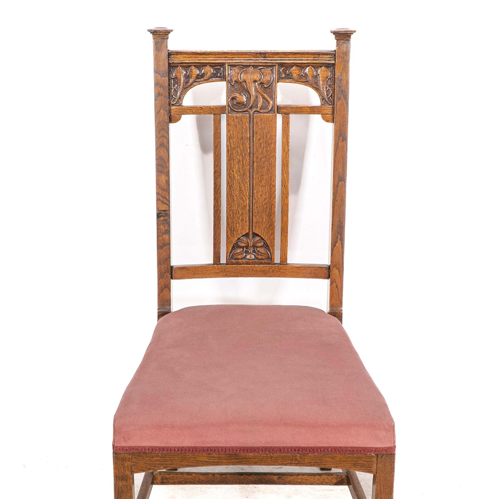 photo furniture Robson & Sons. Set Of 4 Arts & Crafts Oak Dining Chairs With Carved Floral Backs