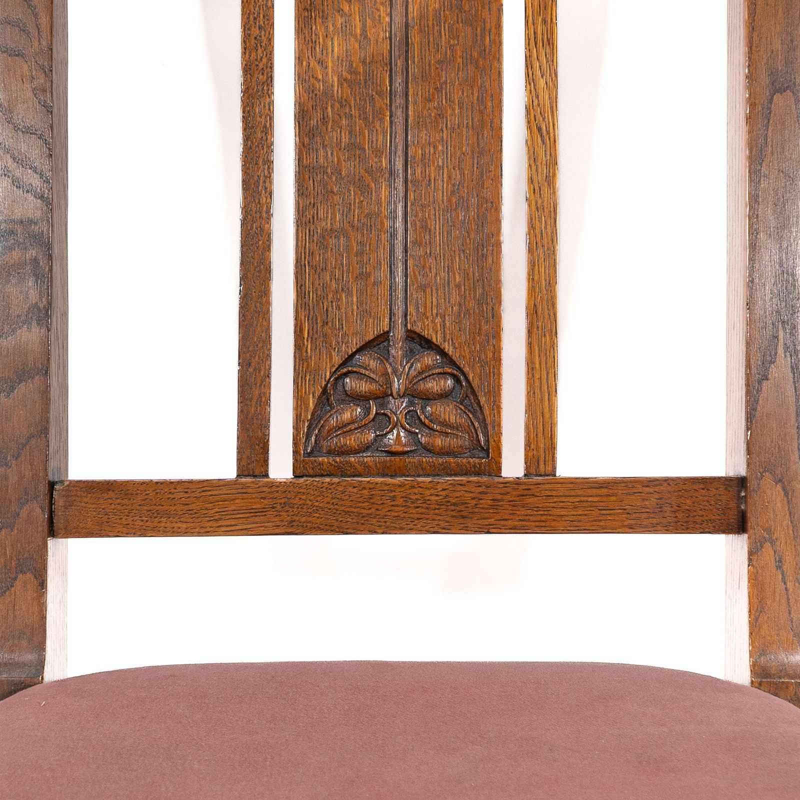 Furniture Robson & Sons. Set Of 4 Arts & Crafts Oak Dining Chairs With Carved Floral Backs photo