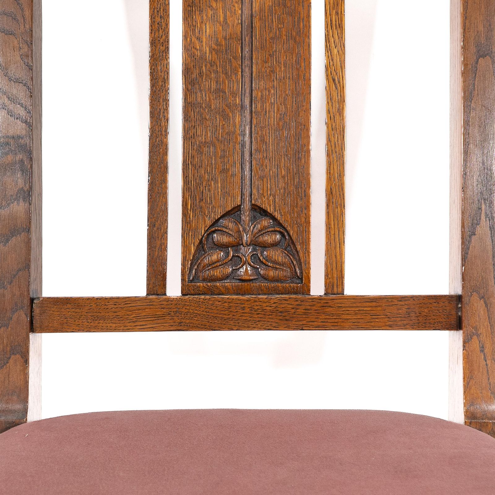 1843.0 Robson & Sons. Set Of 4 Arts & Crafts Oak Dining Chairs With Carved Floral Backs photo