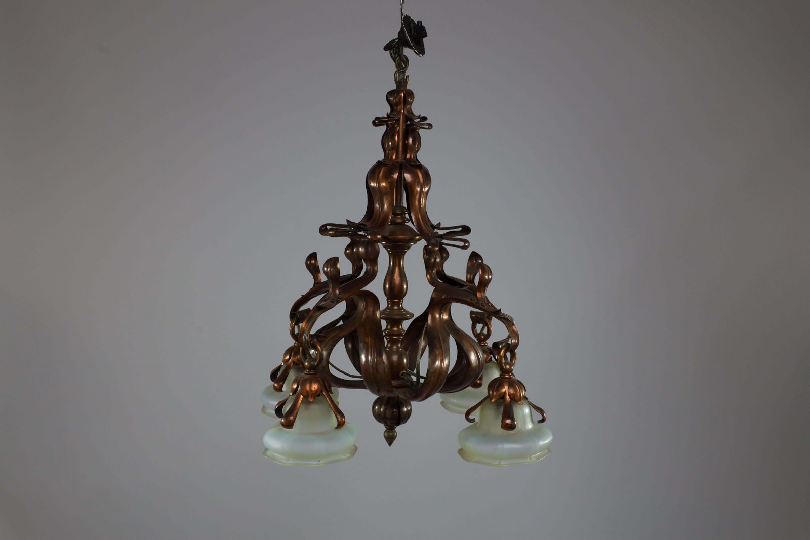 An Impressive Arts And Crafts Copper Chandelier With Original Vaseline Shades photo Lighting
