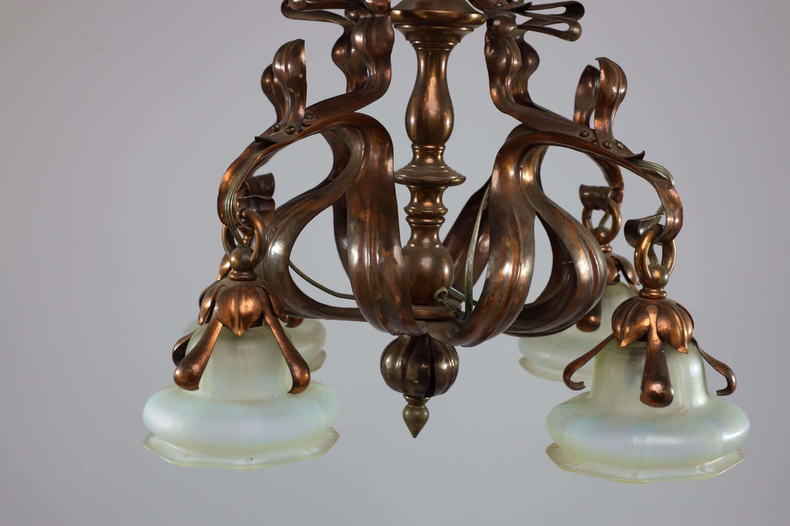 An Impressive Arts And Crafts Copper Chandelier With Original Vaseline Shades photo buy
