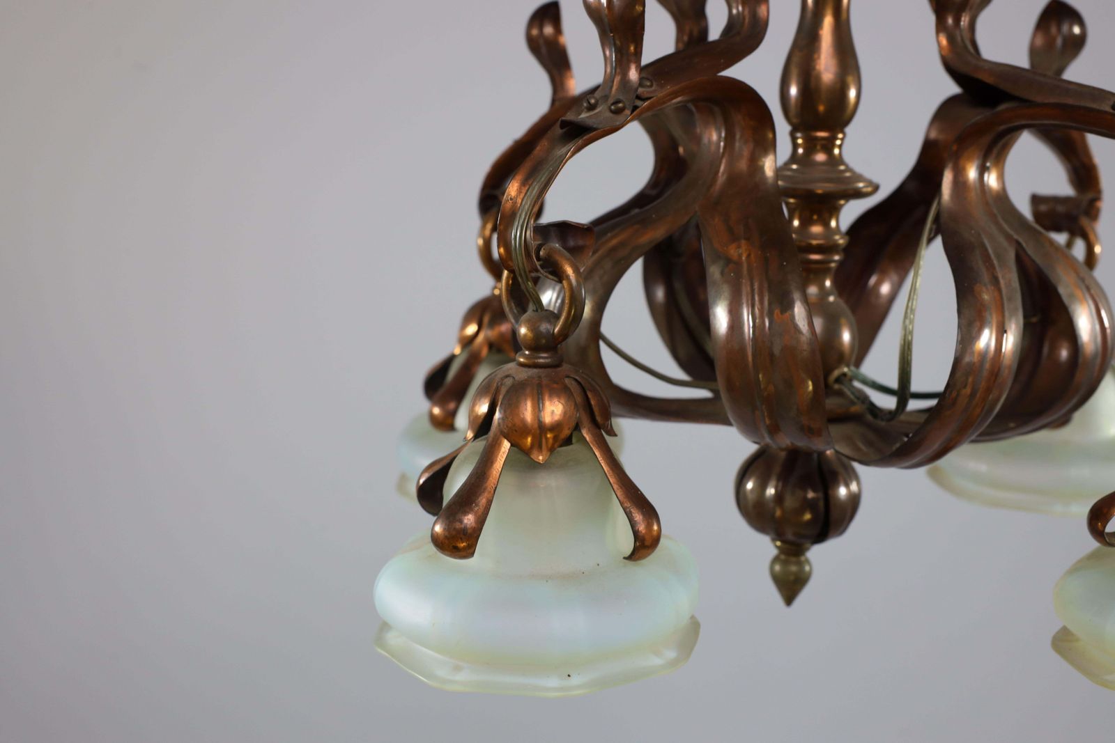 photo for sale An Impressive Arts And Crafts Copper Chandelier With Original Vaseline Shades
