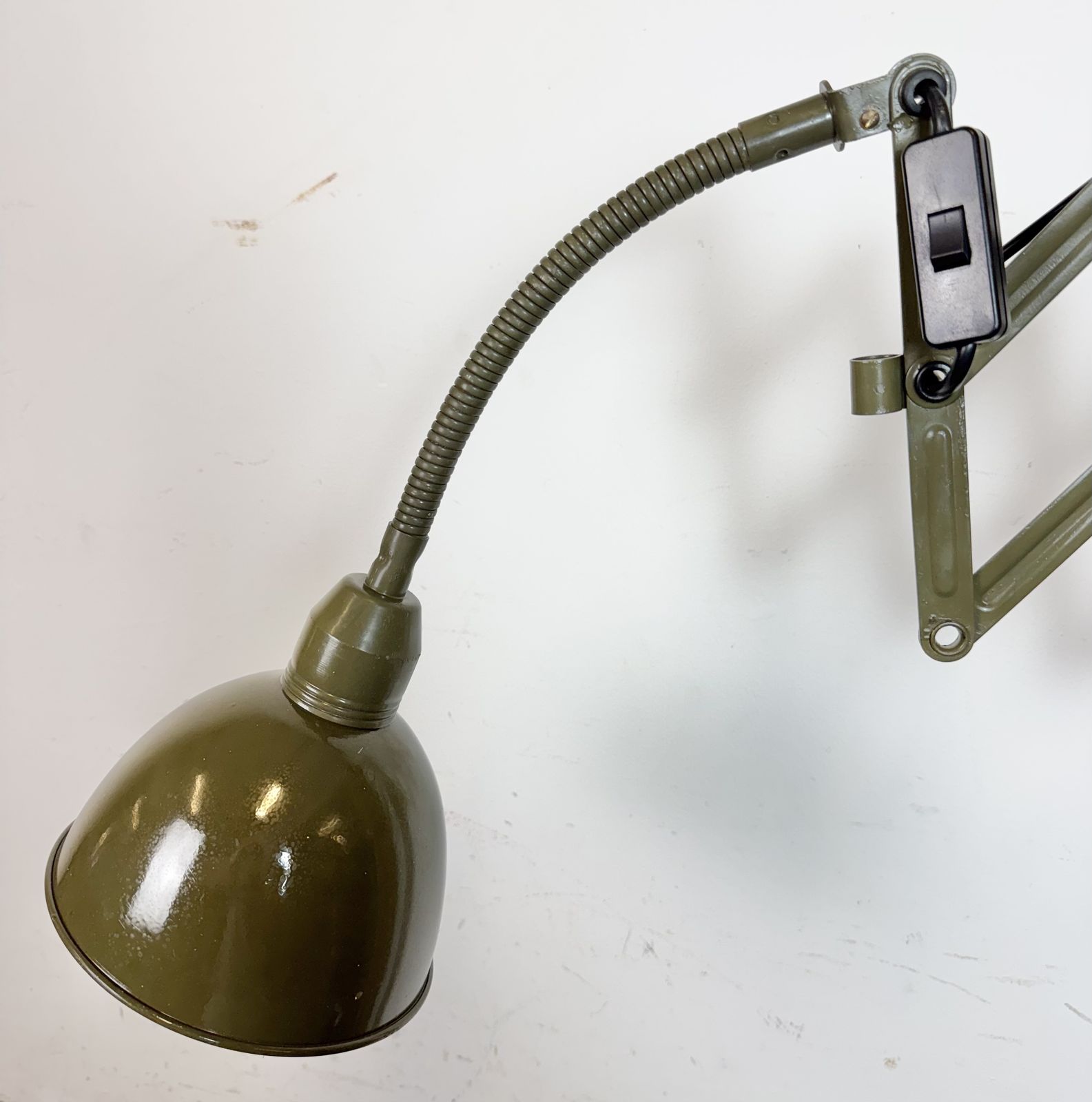photo for sale Green Industrial Military Gooseneck Scissor Wall Lamp From Elektroinstala, 1960s