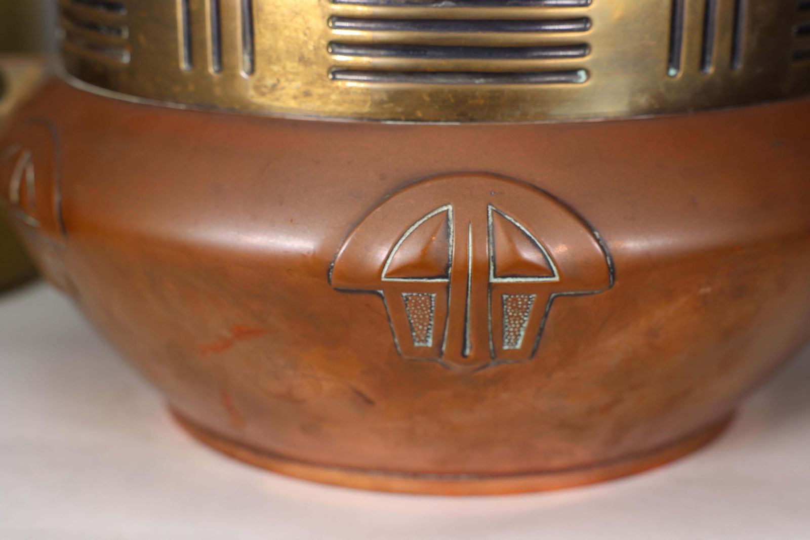 2855.0 Carl Deffner. An Early Secessionist Style Copper And Brass Punch Bowl And Lid photo