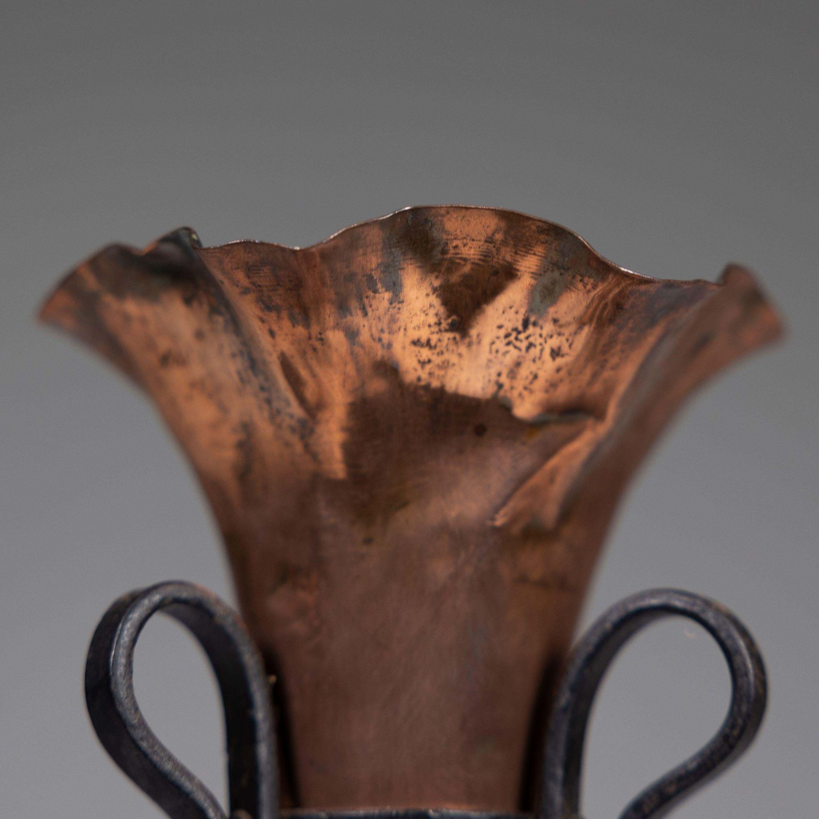photo for sale An Arts And Crafts Copper And Hand Wrought Iron Conical Flower Vase