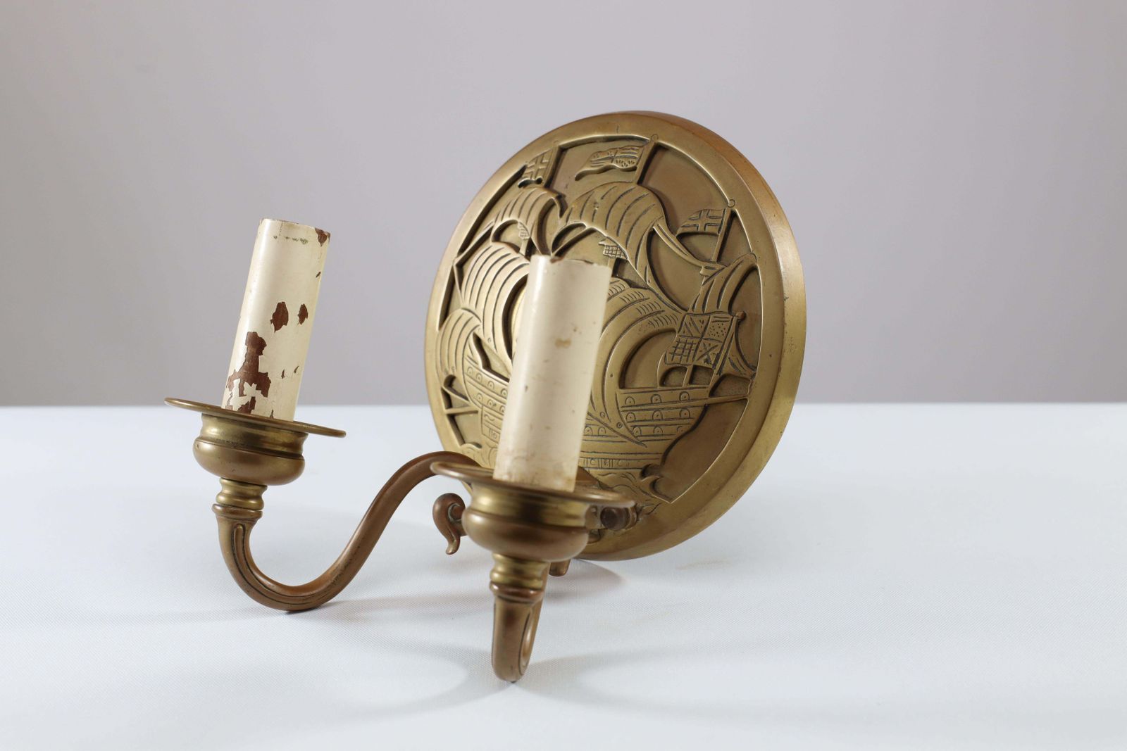 A Pair Of Arts And Crafts Brass Wall Lights With Galleons In Sail. photo vintage