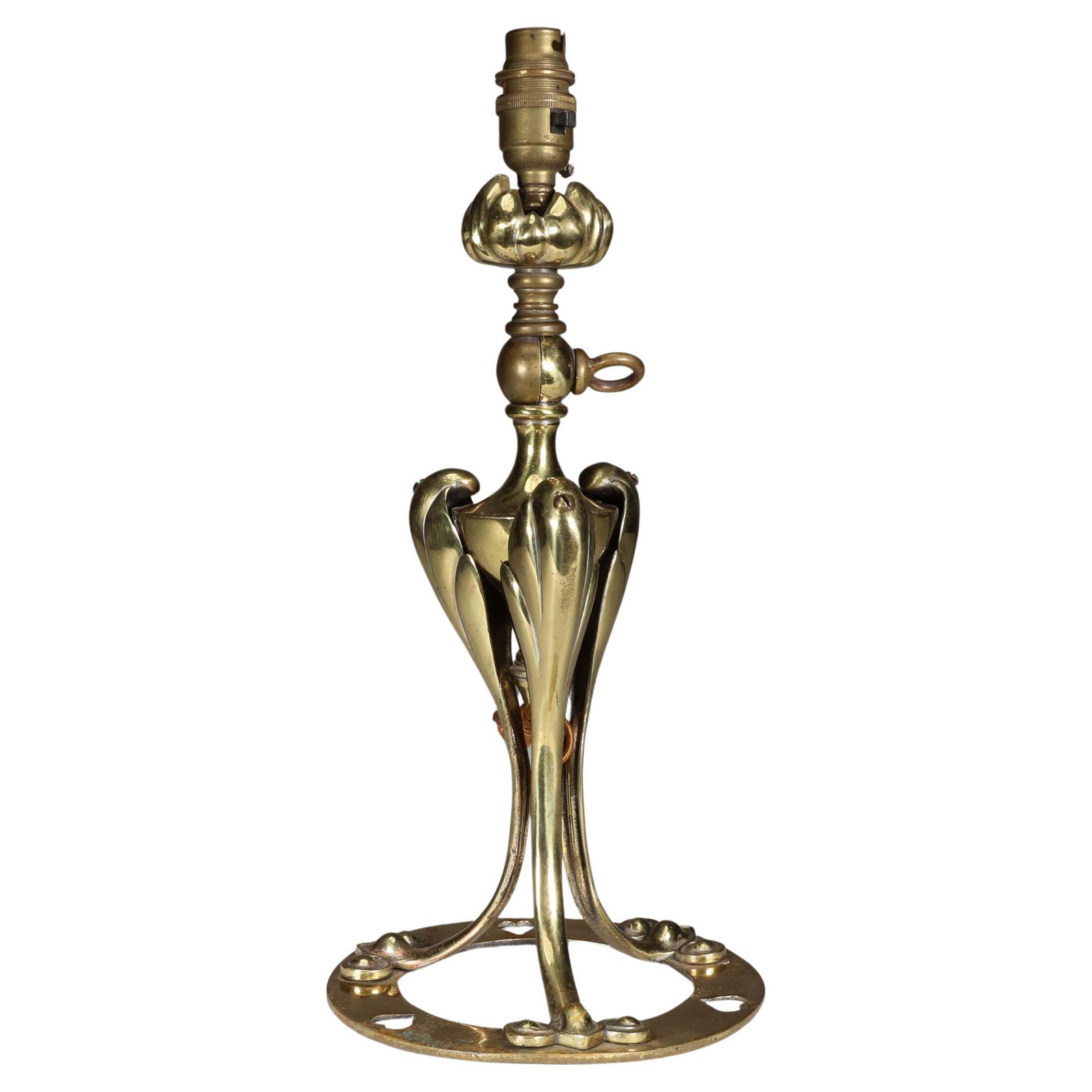 An Arts & Crafts Brass Table Lamp Tulip Shaped With Heart Cut Outs To The Base