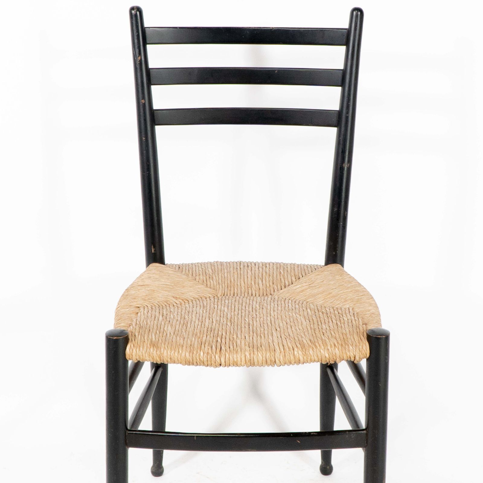 Gio Ponti Style Ebonized Ladder Back Rush Seat Side Or Desk Chair With Ball Feet photo vinterior