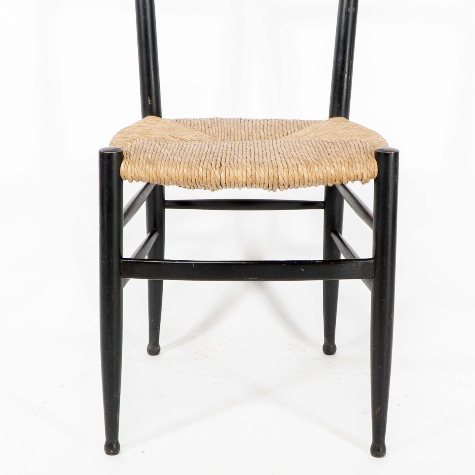 photo furniture Gio Ponti Style Ebonized Ladder Back Rush Seat Side Or Desk Chair With Ball Feet
