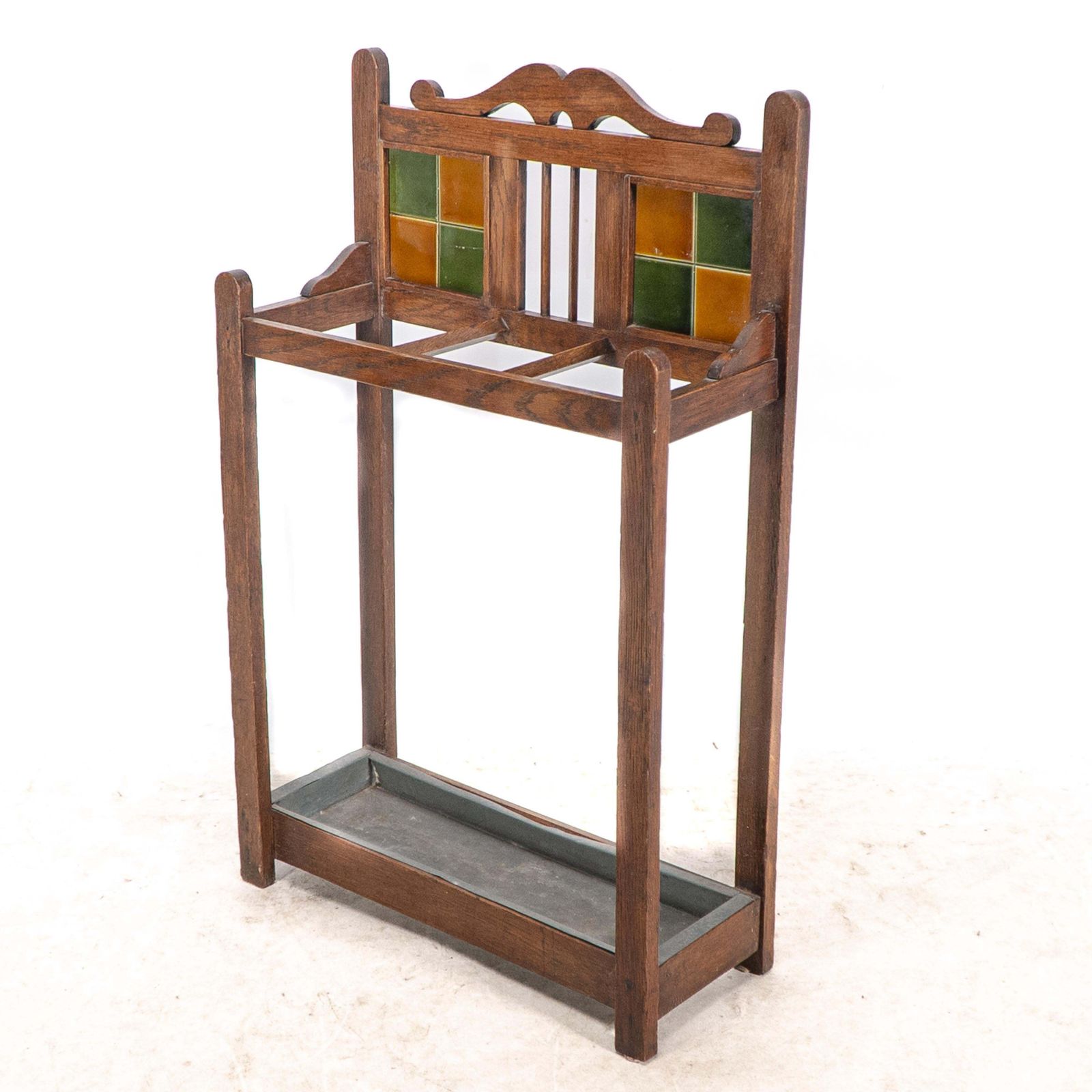 An Arts & Crafts Oak Umbrella & Stick Stand With Original Green & Mustard Tiles photo Home Decor