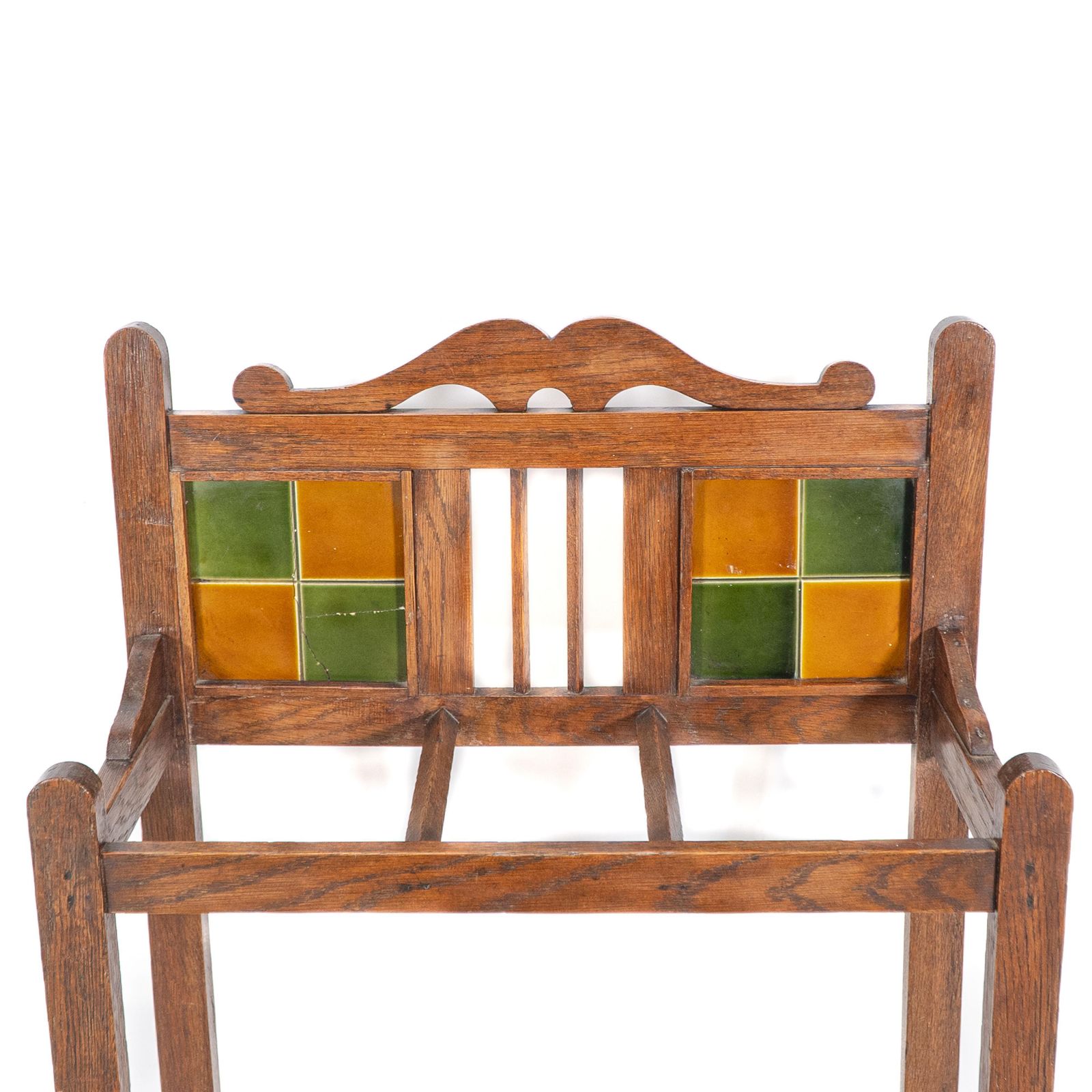 An Arts & Crafts Oak Umbrella & Stick Stand With Original Green & Mustard Tiles photo vintage