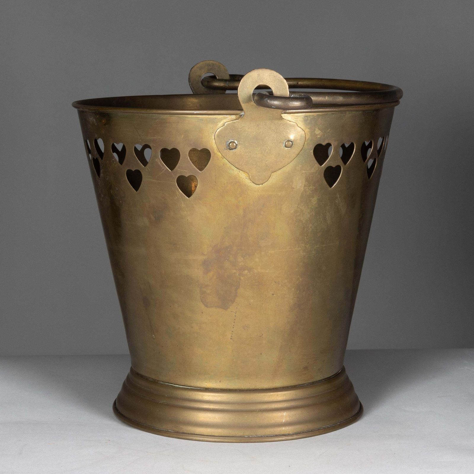 An Arts & Crafts Brass Champagne Bucket With Pierced Voysey Style Heart Decor photo buy