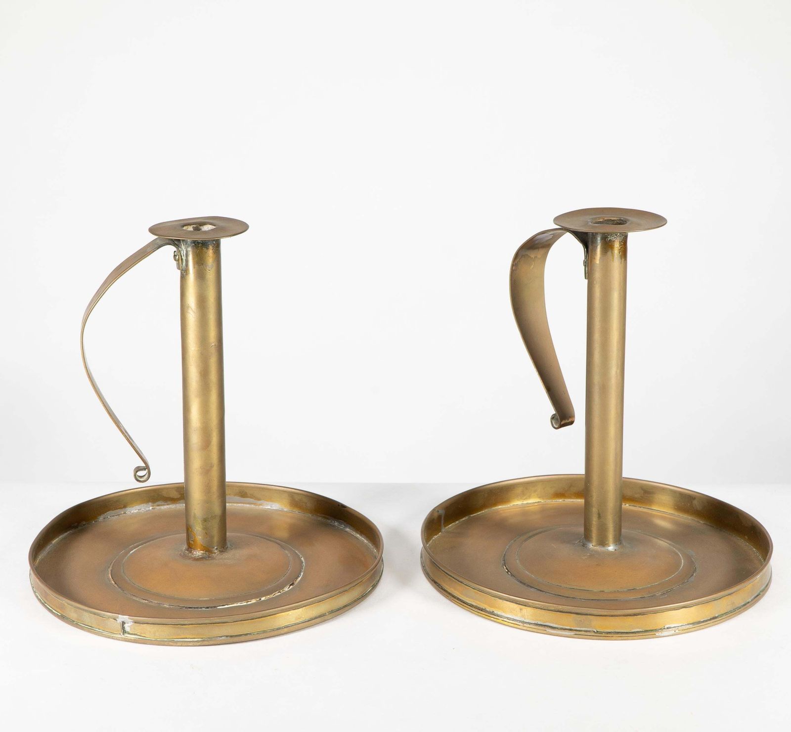 A Pair Of Scottish School Arts & Crafts Brass Candlesticks W Circular Drip Trays photo furniture