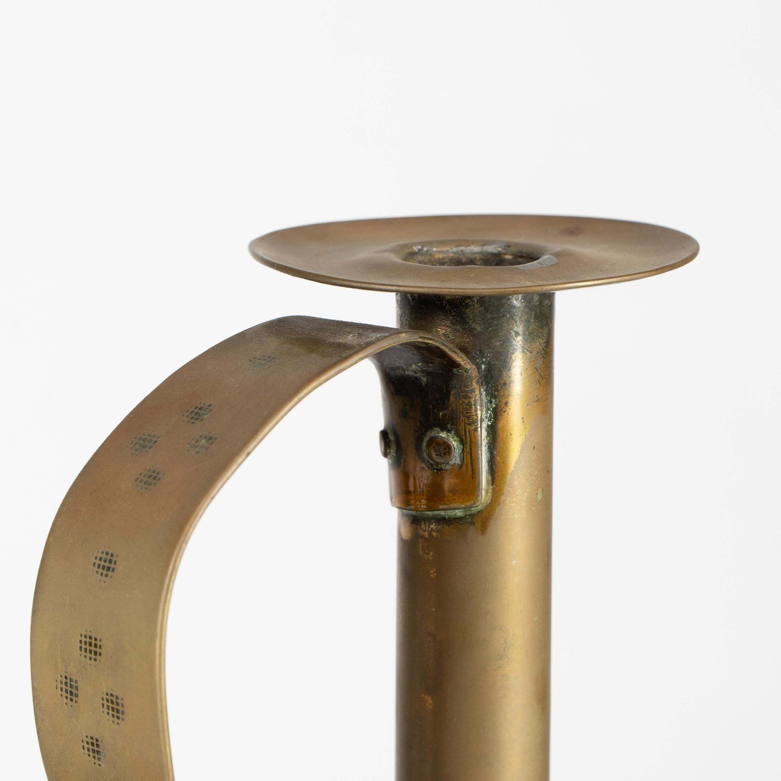 A Pair Of Scottish School Arts & Crafts Brass Candlesticks W Circular Drip Trays photo vintage