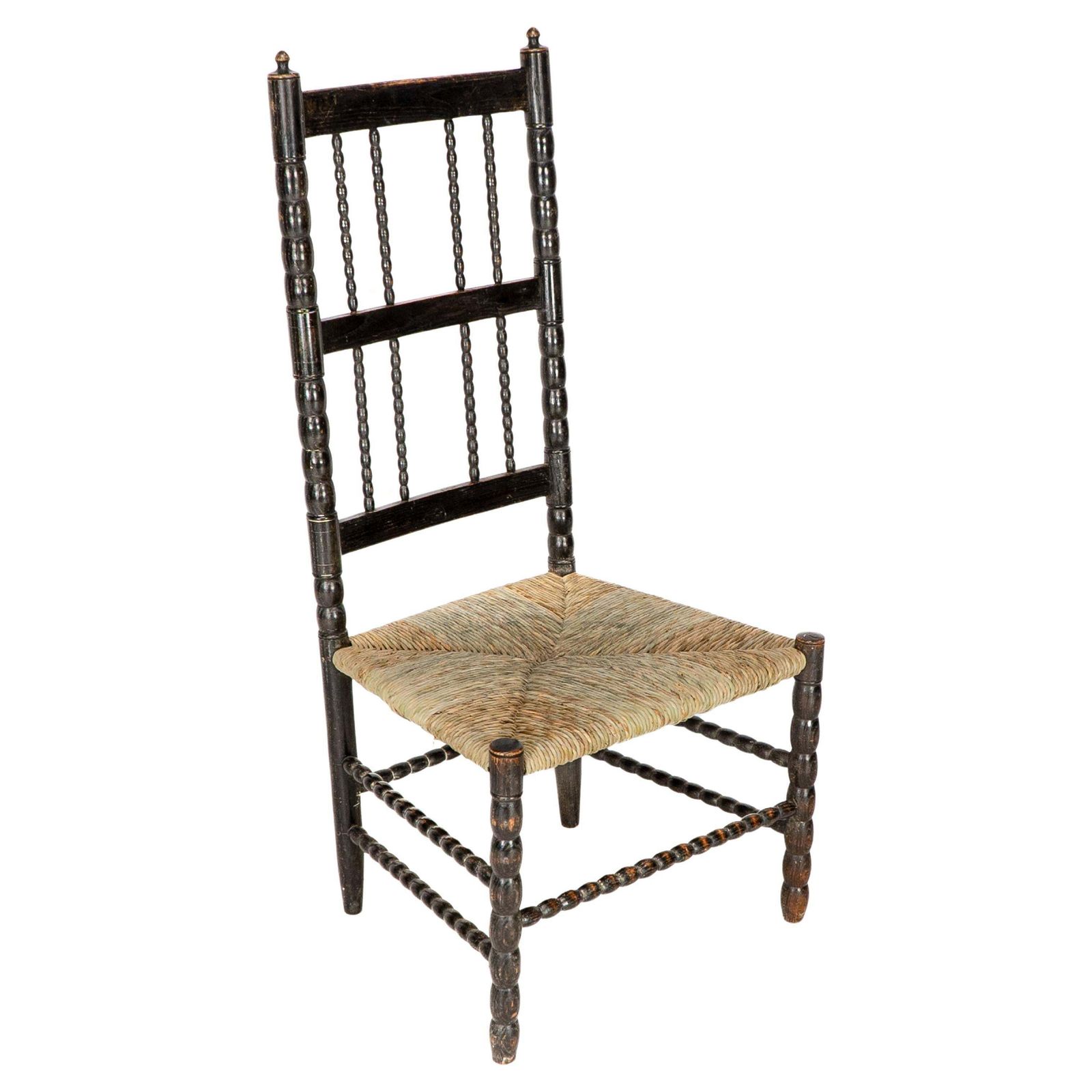 Ernest Gimson. A Rare Cotswold School Ebonised Bobbin Turned Rush Seat Low Chair