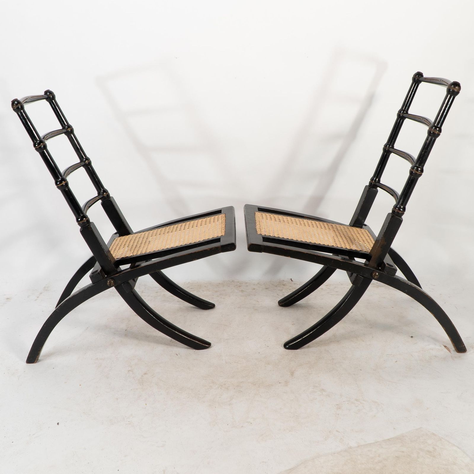 Godwin Style. Pair Of Aesthetic Movement Ebonized Folding Chair W. New Cane Seat photo for sale