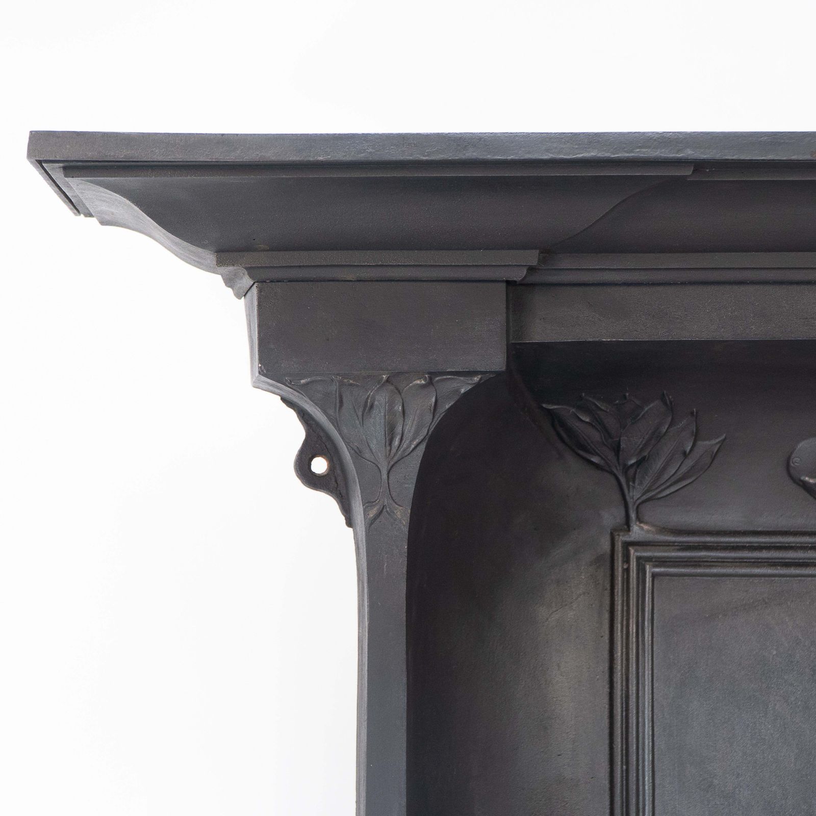 Arts & Crafts Cast Iron Fireplace With Curved Sides & Stylized Floral Decoration photo furniture