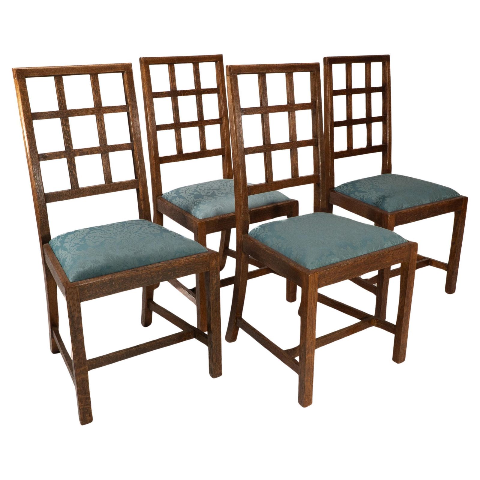 Heals. Set Of 4 Arts & Crafts Oak Lattice Back Dining Chairs & Blue Damask Seats