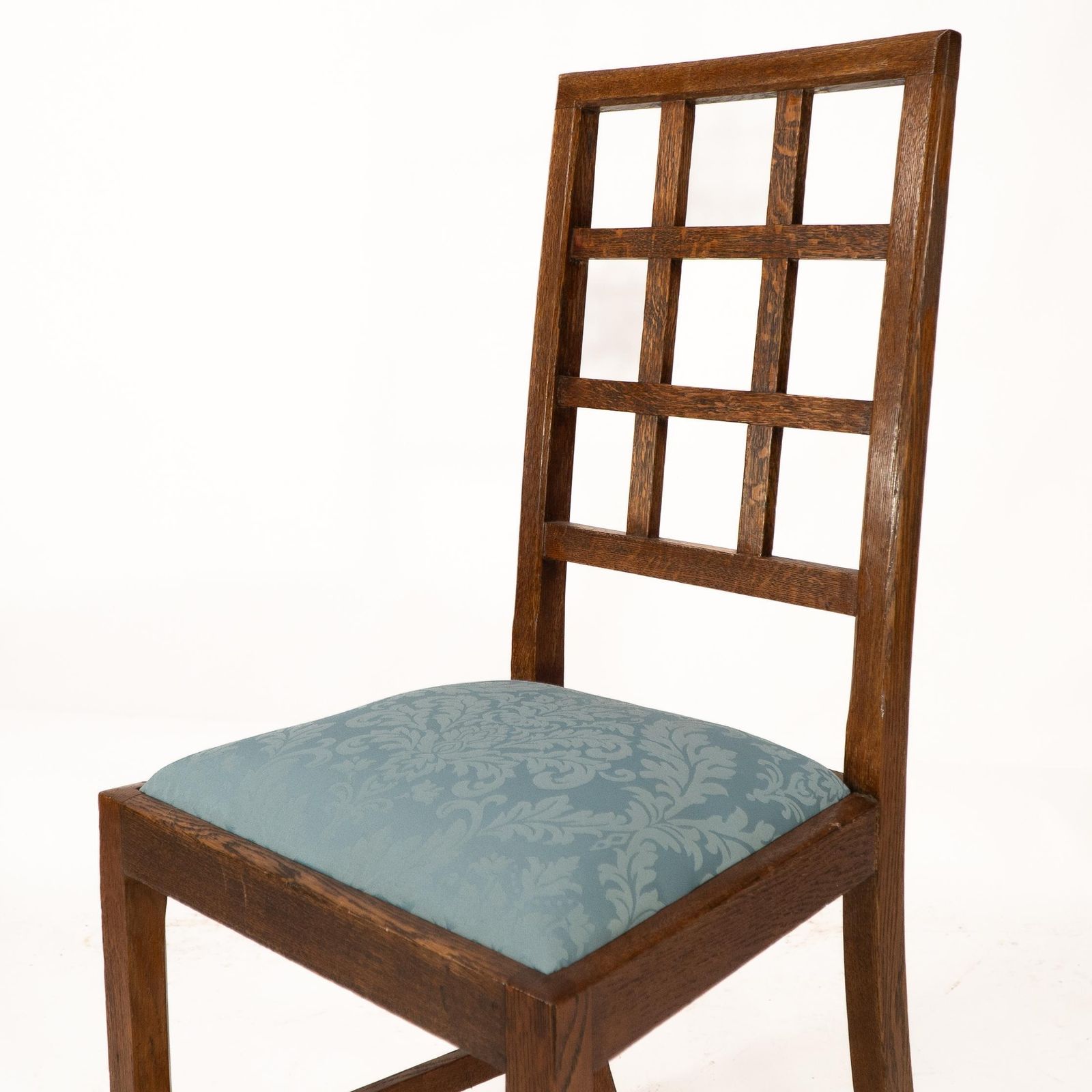 Heals. Set Of 4 Arts & Crafts Oak Lattice Back Dining Chairs & Blue Damask Seats photo buy
