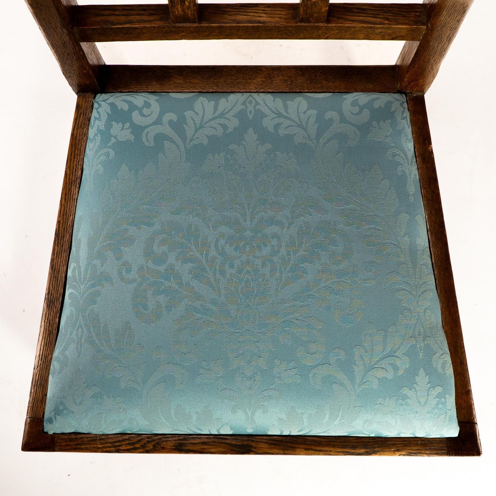 photo for sale Heals. Set Of 4 Arts & Crafts Oak Lattice Back Dining Chairs & Blue Damask Seats