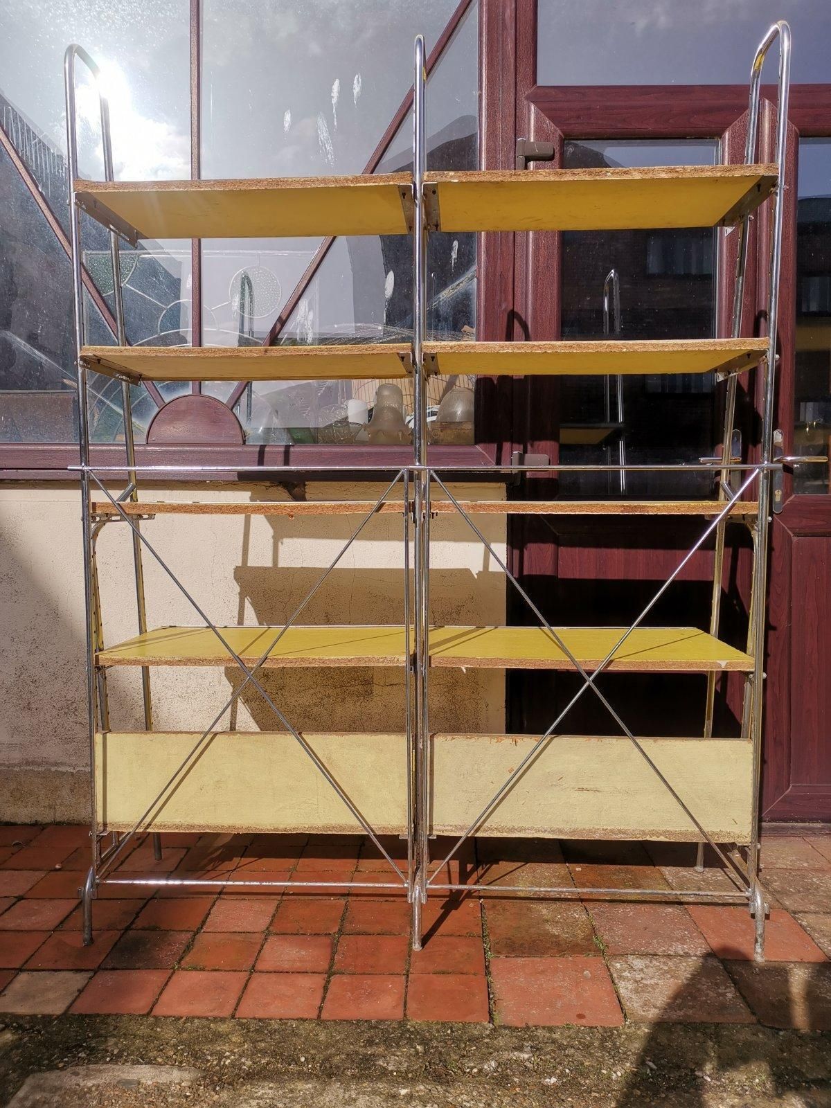 photo for sale Stylish Midcentury Chrome On Steel Shop Shelving With Braced Back Supports