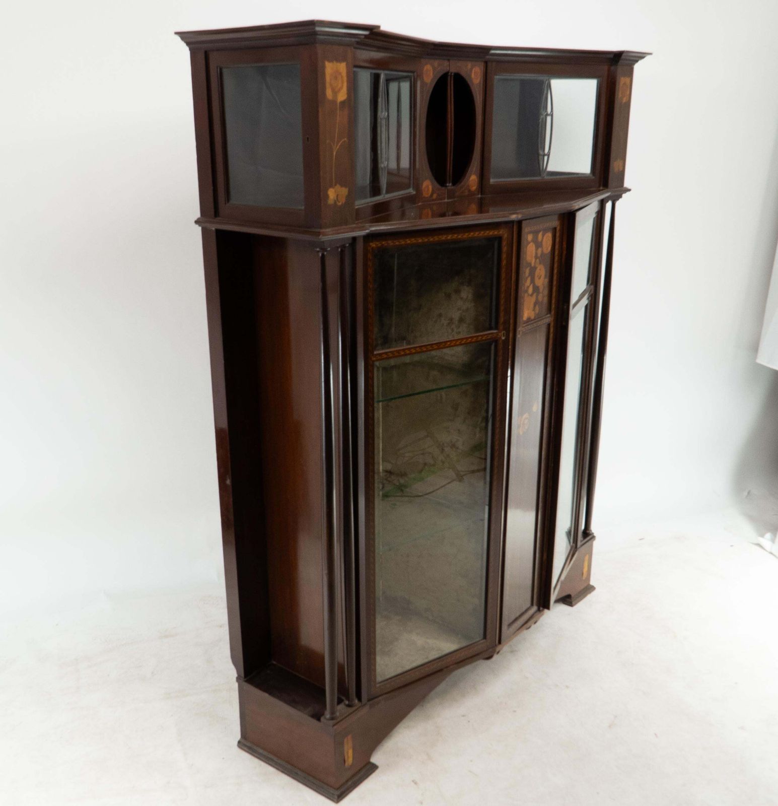 E. Goodall Manchester An English Arts & Crafts Display Cabinet With Floral Inlay photo for sale