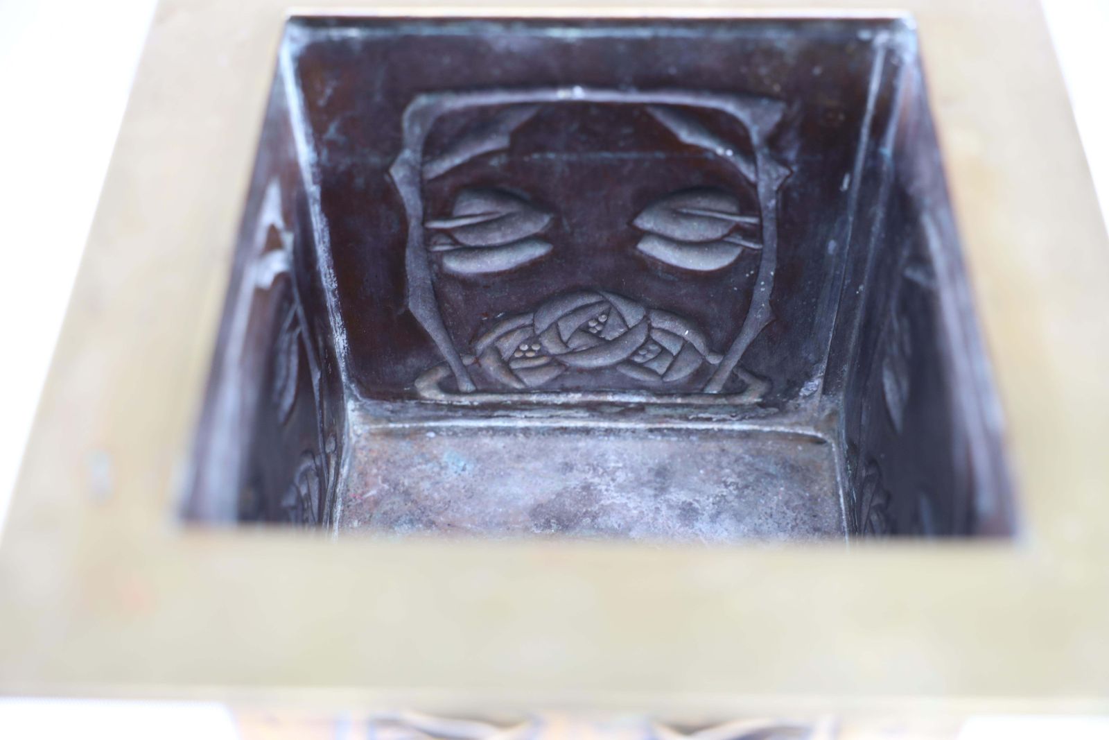1224.0 Margaret Gilmour Arts & Crafts Brass Planter With Stylized Rose & Floral Details photo