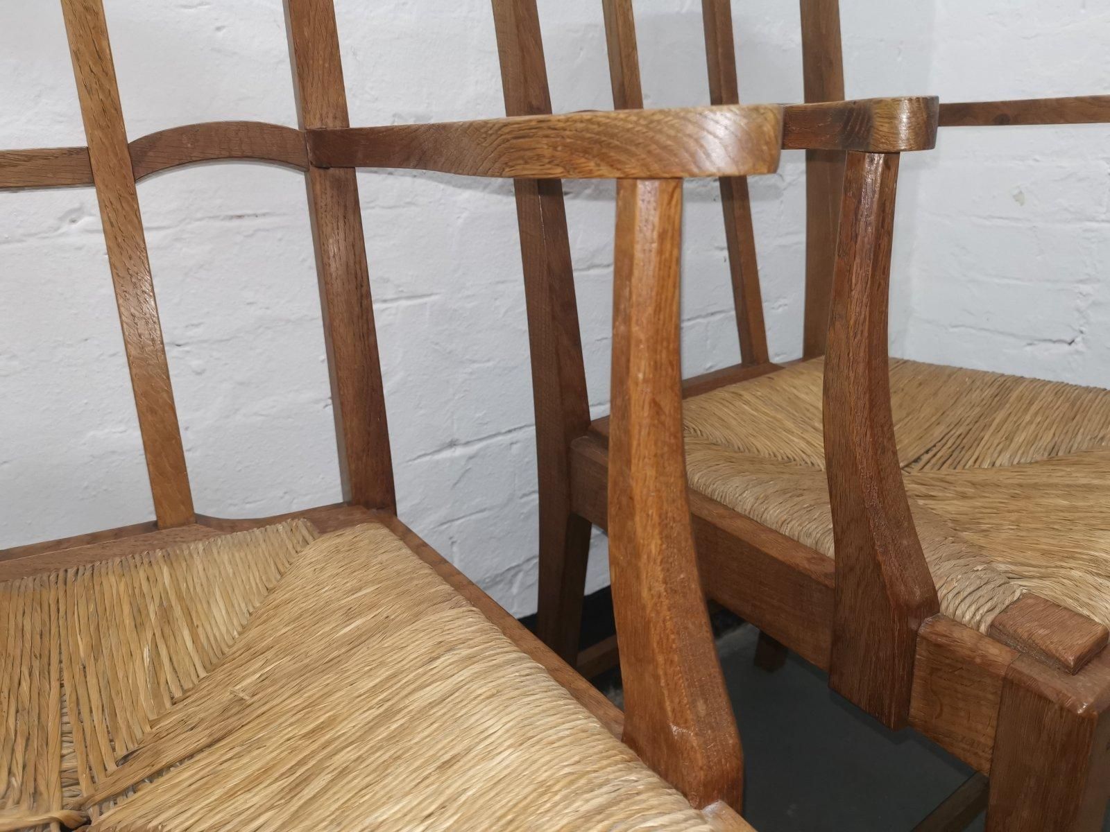 2243.0 Pair Of Cotswold School Arts & Crafts Oak Lattice Back Armchairs With Rush Seats photo