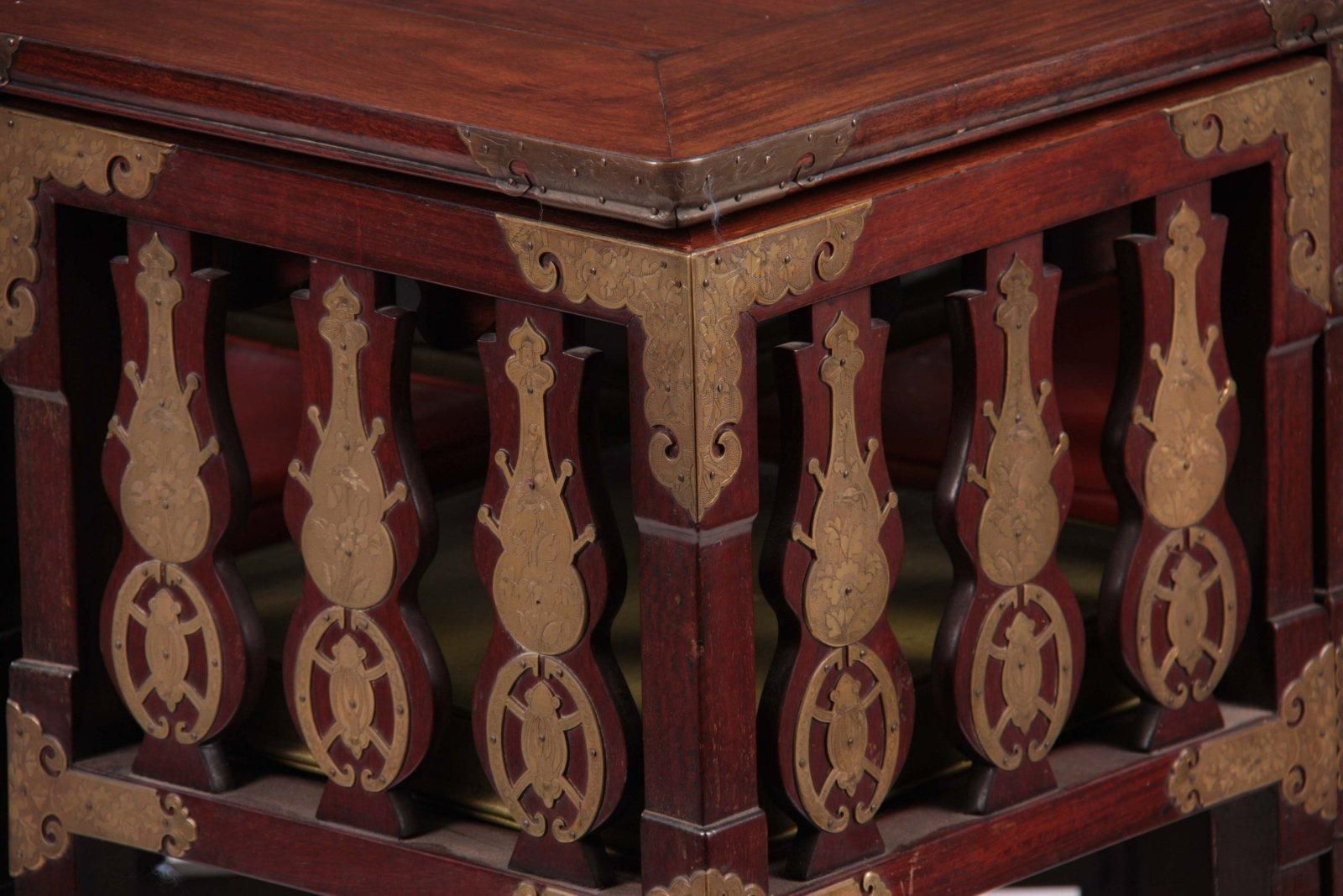Chinese Rosewood Dining Table & Four Chairs With Etched Decorative Brass Plaques photo Furniture