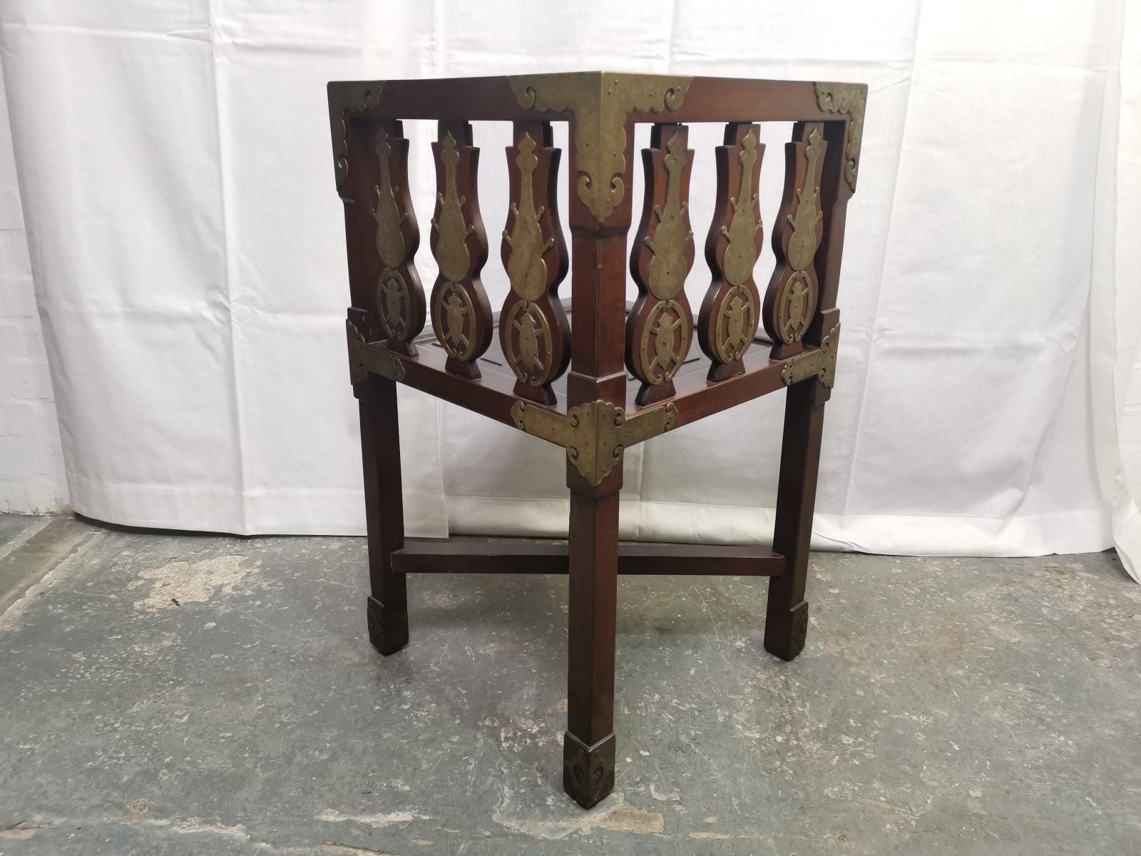 Chinese Rosewood Dining Table & Four Chairs With Etched Decorative Brass Plaques photo vintage