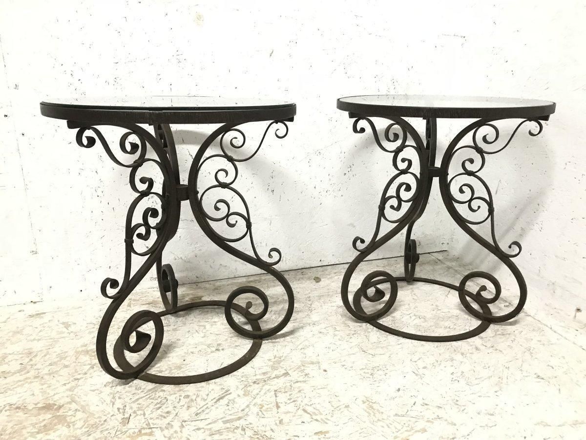 A Pair Of Arts & Crafts Hand Formed Wrought Iron Side Tables With Scroll Details photo 816.0